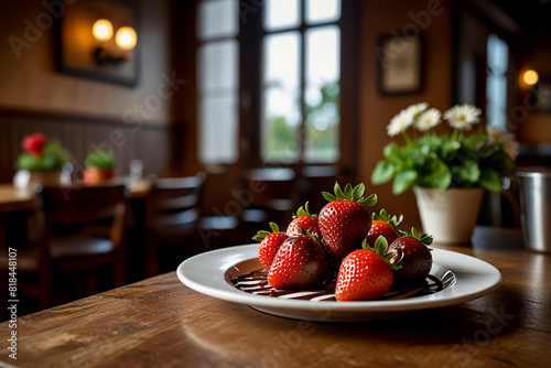 Strawberries Drizzled with Chocolate at a Cozy Cafe Imagine a cozy, cinematic shot of strawberries drizzled with rich, melted chocolate, served on a quaint plate in a charming cafe photo