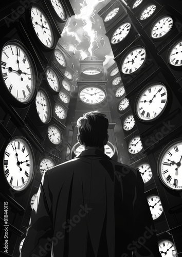 Artistic image of a man gazing up at numerous floating clocks against a dramatic cloudy backdrop in black and white