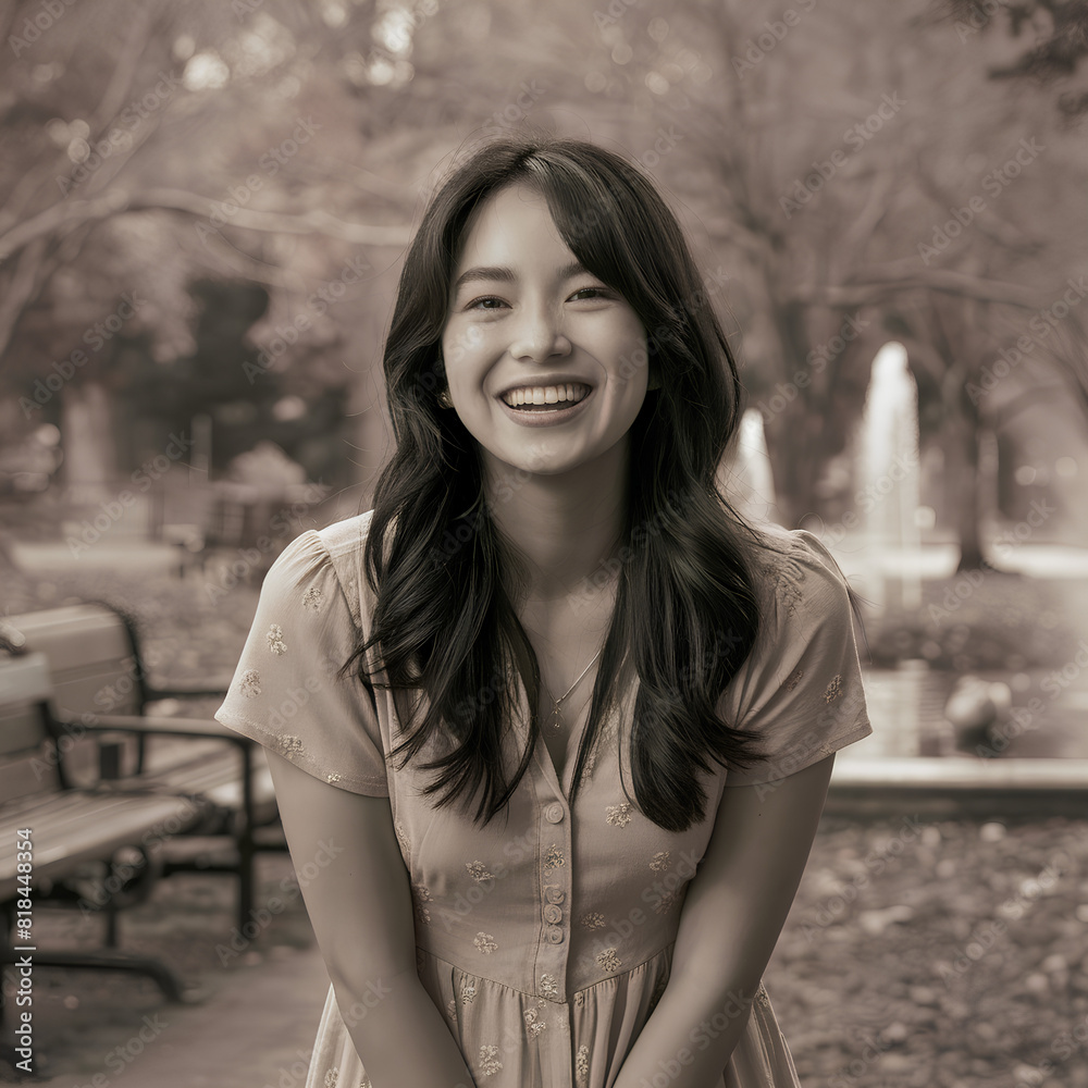 A warm and friendly photo of a young woman, smiling brightly. 