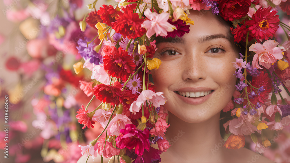 A stunning close-up photo of a woman with a cascade of vibrant flowers surrounding her face A stunning close-up photo of a woman with a cascade of vibrant flowers surrounding her face