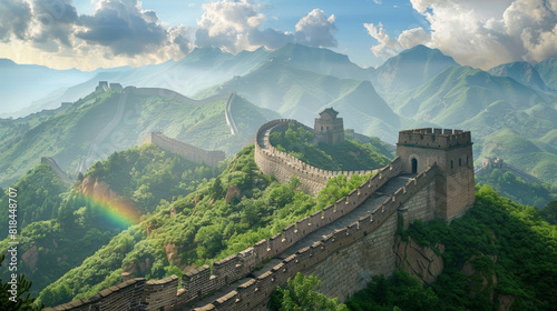Great Wall of China with a rainbow stretching across the sky, leaving ample room on the left for text photo