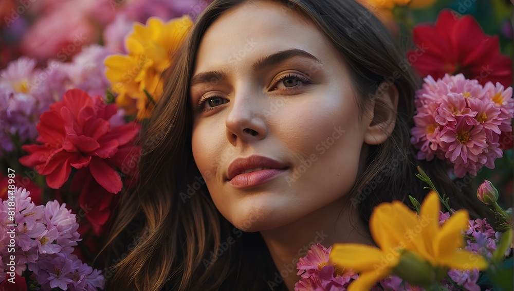 A stunning close-up photo of a woman with a cascade of vibrant flowers surrounding her face