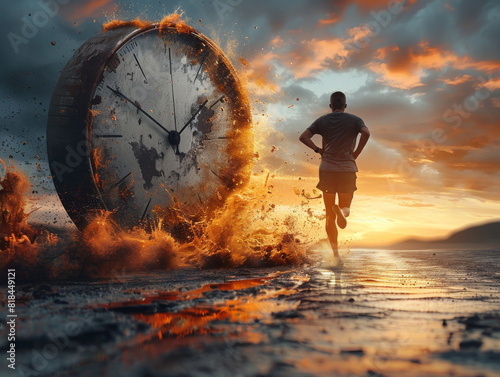 Dramatic composition with a man running away from an exploding clock in a vivid sunset landscape