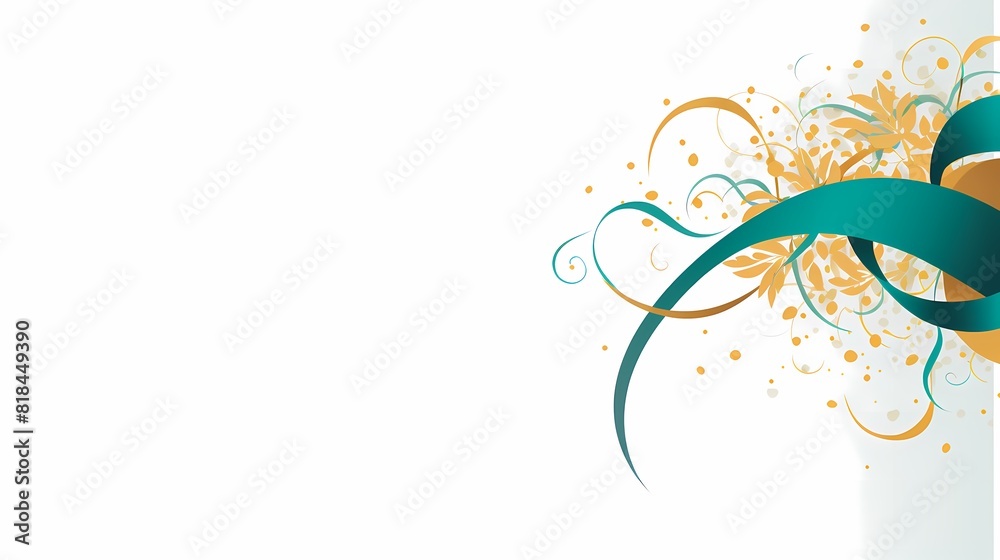 White background with a teal ribbon and gold decoration White background with a teal ribbon and gold decoration