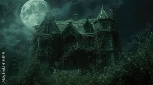 A hauntingly beautiful gothic mansion sits in eerie silence, with the bright full moon casting an otherworldly glow over the ominous structure. Resplendent.