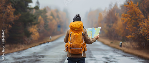 a backpacker holding map in the straight way