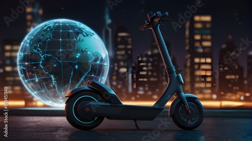 A futuristic electric scooter icon with a globe in the background, showcasing the potential of micromobility for efficient urban travel photo