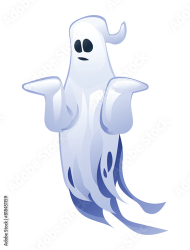 Funny confused ghost cartoon character. Halloween spooky mysterious ghost. Vector illustration isolated on white background