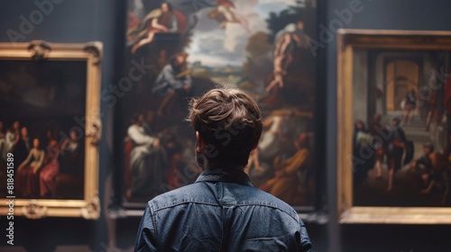 Rear view of a man looking at a painting in art gallery.