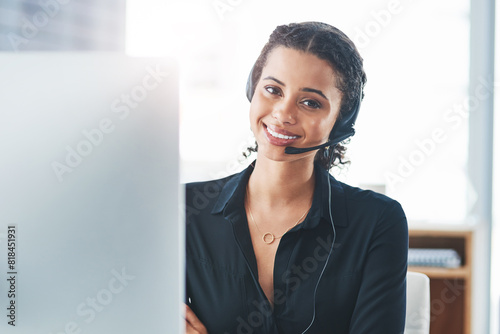 Woman, portrait and headset with computer for call centre telemarketing or technical support, representative or advice. Female person, crm and sales with customer service, contact us or help desk photo