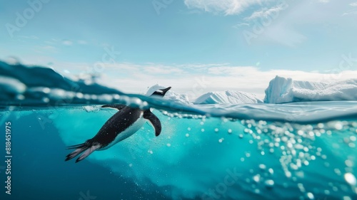 A penguin diving into the icy waters of Antarctica. The surrounding icebergs