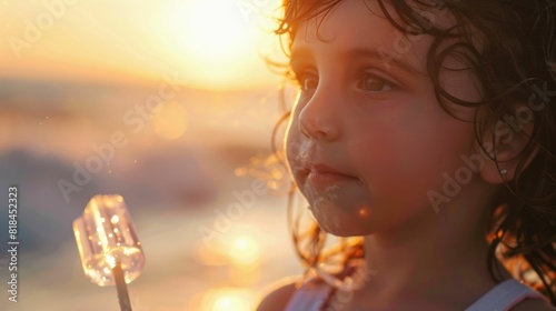 a little girl is eating an ice cream cone on the beach at sunset . High quality AIG50