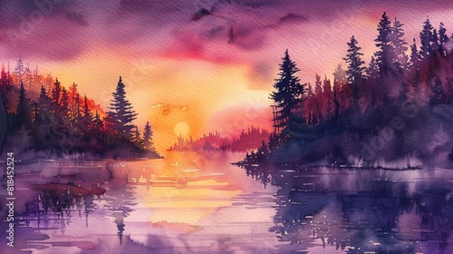 watercolor sunset landscape with forest and lake, purple red sky