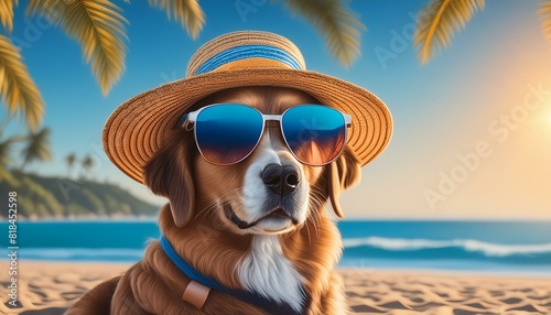 Cool dog with sunglasses and hat on the beach. copy space for text © Jean