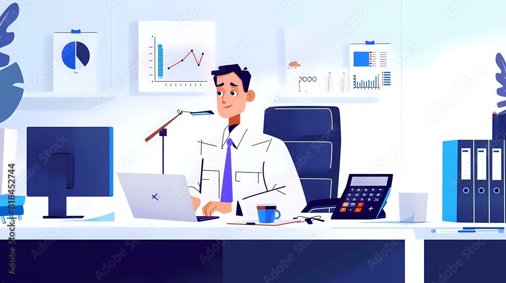 Financial Officer in the workplace with computers, calculators, and charts Financial Officer in the workplace with computers, calculators, and charts