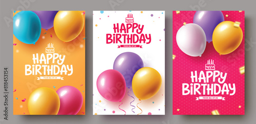 Happy birthday vector poster set design. Birthday greeting text with balloons elements decoration for postcard lay out collection. Vector illustration birthday poster design. 
