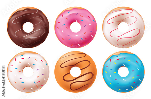 Birthday doughnut vector set design. Birthday donut cake desserts with chocolate cream, strawberry icing and sprinkles yummy food 3d realistic collection. Vector illustration doughnut cake design. 
