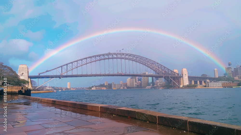 Sydney Harbour Bridge with a rainbow arching over the iconic structure, offering space on the left side for text