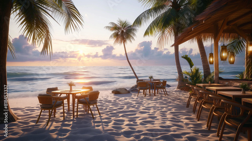 A cozy beachside caf   with tables on the sand  Tropical palm trees and ocean waves in the background