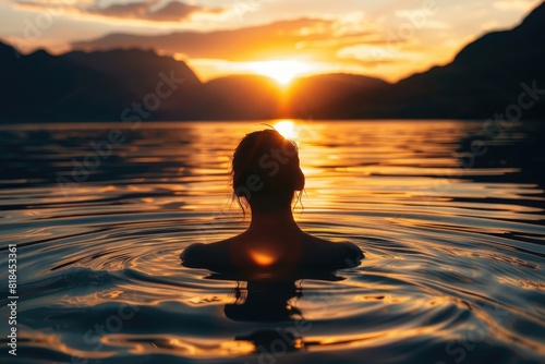 Woman swimming in a lake at sunset, back view, silhouette of woman on the water surface with 