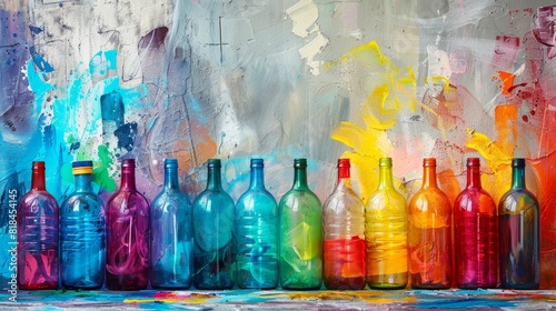 A row of bottles on a wooden table, with colorful and transparent bottles containing various beverages like wine, vodka, and whisky