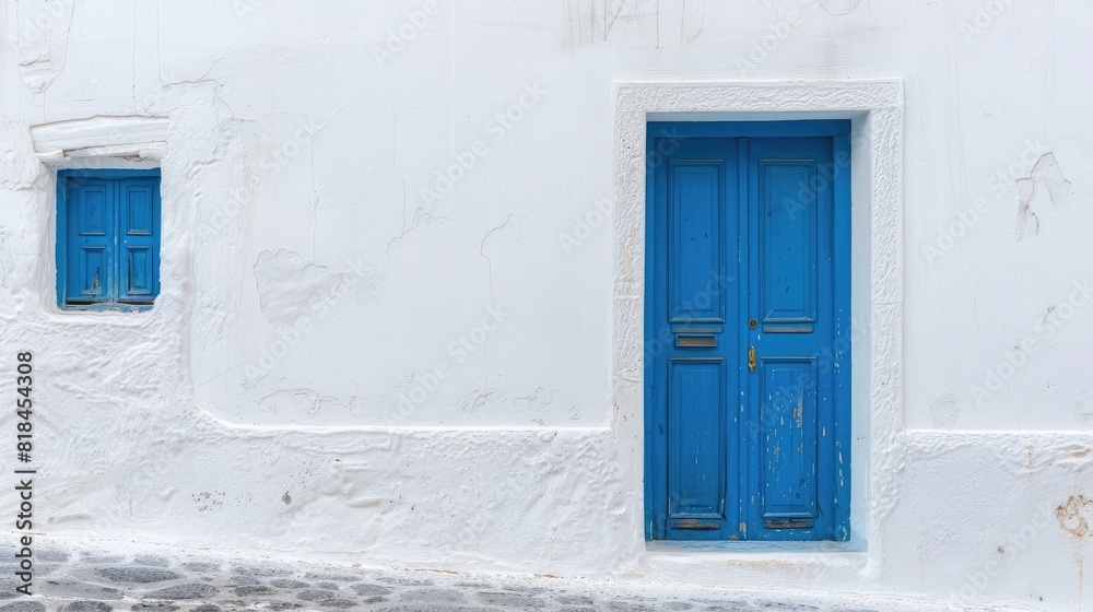 white wall with blue door on the island of Santorini, photo taken from outside