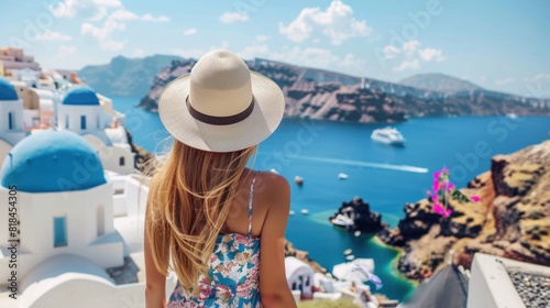 Europe Greece Santorini travel vacation. Woman looking at view on famous travel destination. Elegant young lady living fancy jetset lifestyle wearing dress on holidays. photo