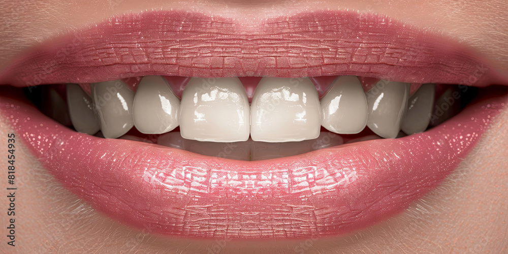Obraz premium close up of eautiful female lips with white teeth, generative AI