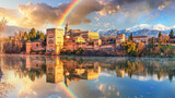 Alhambra in Granada with rainbow reflections in the surrounding water, leaving room at the bottom for text