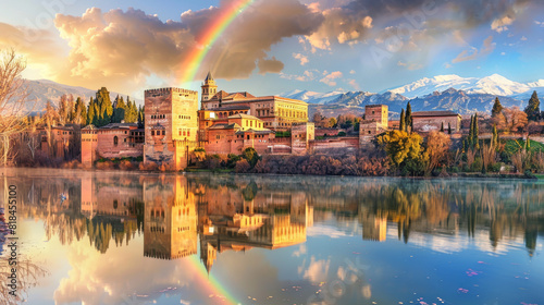 Alhambra in Granada with rainbow reflections in the surrounding water, leaving room at the bottom for text photo