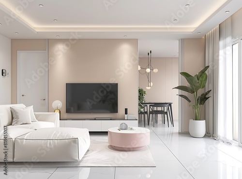 Modern living room interior with a white sofa and TV in an apartment