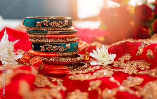 Bild auf Leinwand Indian, culture and jewelry for wedding, bangles and ornament for getting ready for celebration