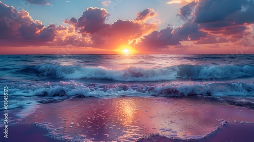 A beautiful sunset over the ocean, with waves crashing against the shore and vibrant colors in the sky. 
