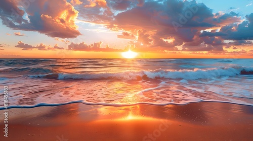 A beautiful sunset over the ocean  with waves crashing against the shore and vibrant colors in the sky. 