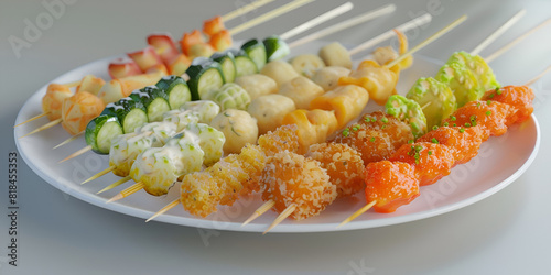 Many snacks and seafood in night market in Da Lat, Elegant tempura vegetables on skewers with nut sauce amidst a surreal pastel floral backdrop. 