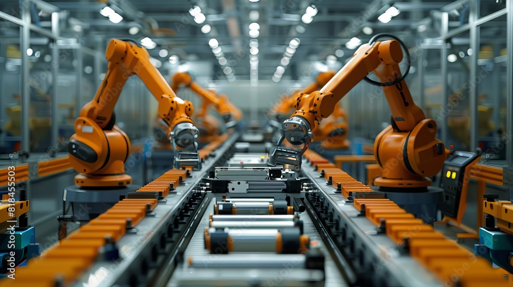 Smart factory technology in a manufacturing process, featuring industrial robotics and automation Smart factory technology in a manufacturing process, featuring industrial robotics and automation
