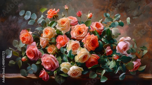 A bouquet of roses in various shades  including pink and peach  with eucalyptus leaves wrapped around the base. 