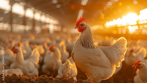 Poultry farm bustling with white chickens under yellow lights photo