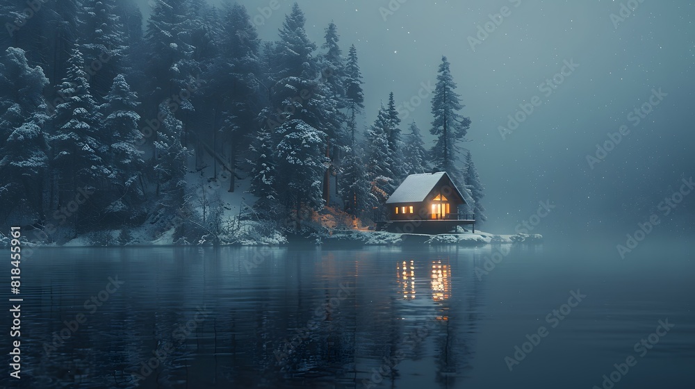 Fototapeta premium A cabin in the woods on an island surrounded by water, snow covered pine trees, foggy night, cabin lit up from inside. 