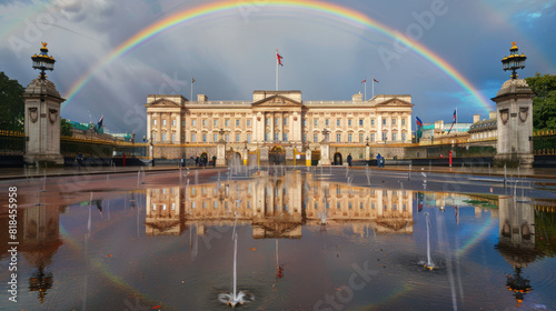 Buckingham Palace with rainbow reflections in the fountain, leaving room at the bottom for text photo