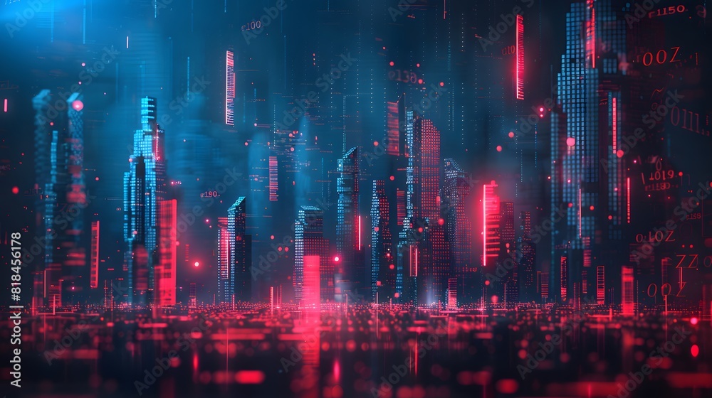 Obraz premium A cityscape made of glowing data points and bar graphs, symbolizing the beauty in numbers.