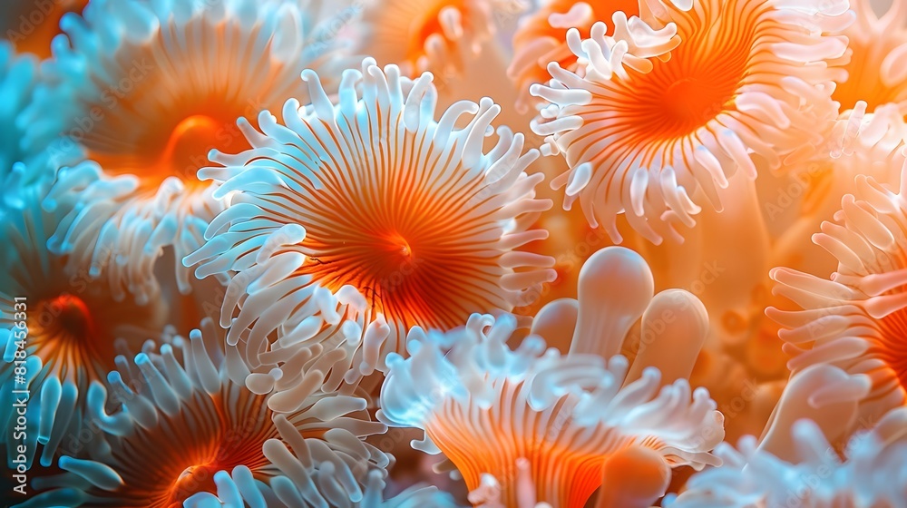 Anemones in the sea, their vibrant orange and white colors creating intricate patterns that shimmer under water light.
Anemones in the sea, their vibrant orange and white colors creating intricate patterns that shimmer under water light.