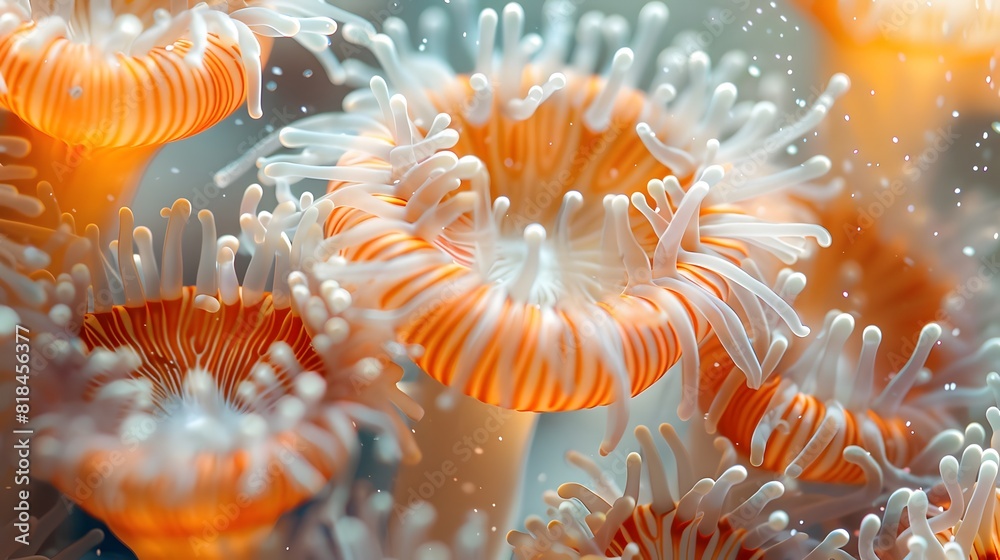 Anemones in the sea, their vibrant orange and white colors creating intricate patterns that shimmer under water light.
Anemones in the sea, their vibrant orange and white colors creating intricate patterns that shimmer under water light.