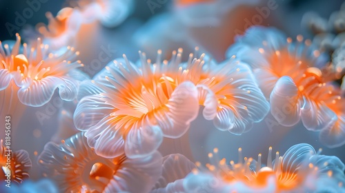 Anemones in the sea, their vibrant orange and white colors creating intricate patterns that shimmer under water light.
 photo