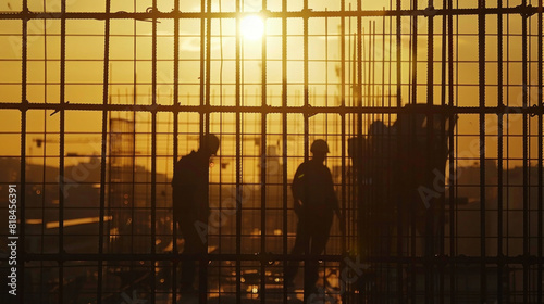 a warm glow over the construction site, the silhouette of construction workers against the steel grid creates a picturesque scene of industriousness and perseverance.