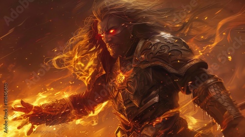 illustration sun god with long hair in the fire