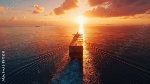 Aerial perspective of a container ship traversing the vast expanse of the open sea, a testament to the global logistics network facilitating import and export activities.