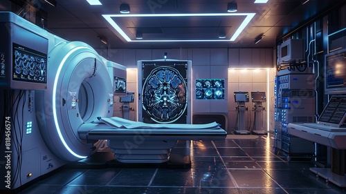Futuristic medical examination with a holographic human body in a high-tech lab photo