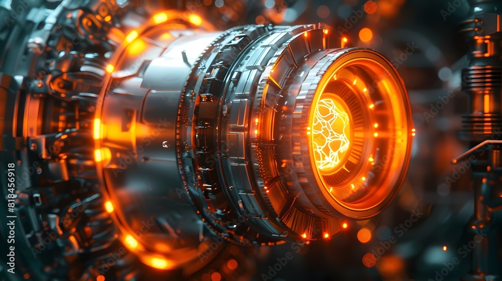 The quantum jet engine, with its glowing core and intricate design, set against an industrial background.
The quantum jet engine, with its glowing core and intricate design, set against an industrial background.