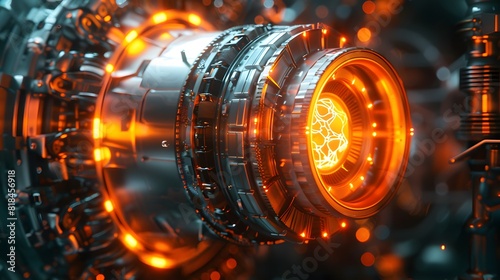 The quantum jet engine, with its glowing core and intricate design, set against an industrial background. 